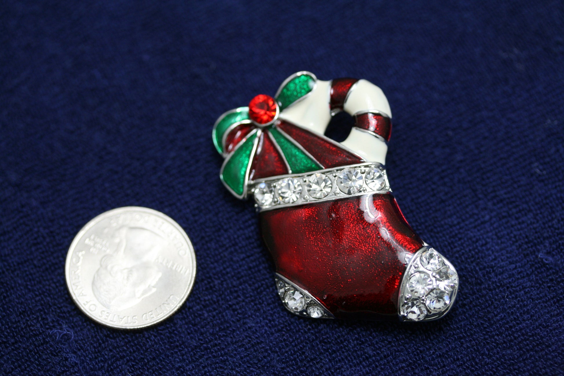 Red Enamel Rhinestone Christmas Stocking Pin Brooch, Xmas Stocking pin, Christmas Jewelry