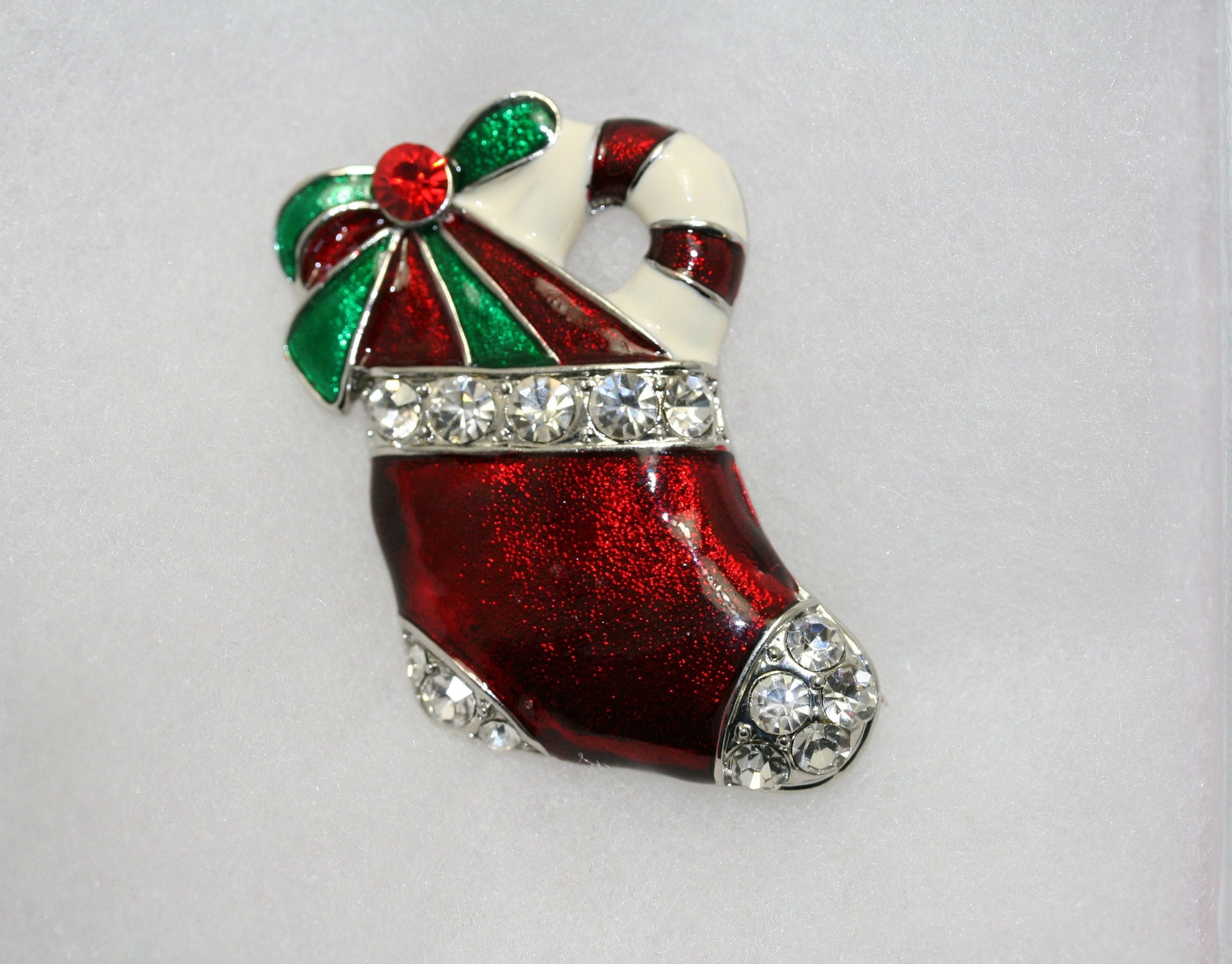 Red Enamel Rhinestone Christmas Stocking Pin Brooch, Xmas Stocking pin, Christmas Jewelry