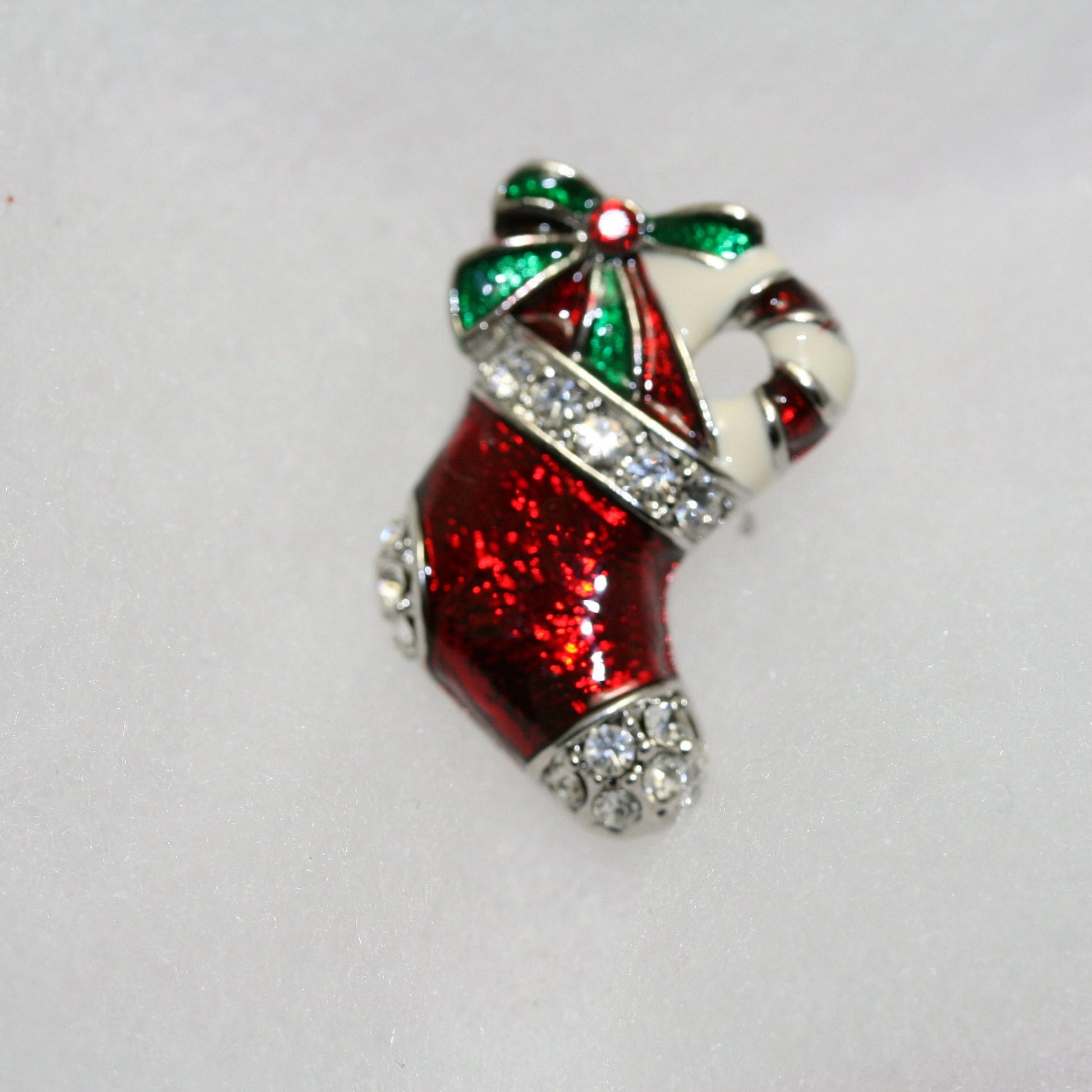 Red Enamel Rhinestone Christmas Stocking Pin Brooch, Xmas Stocking pin, Christmas Jewelry