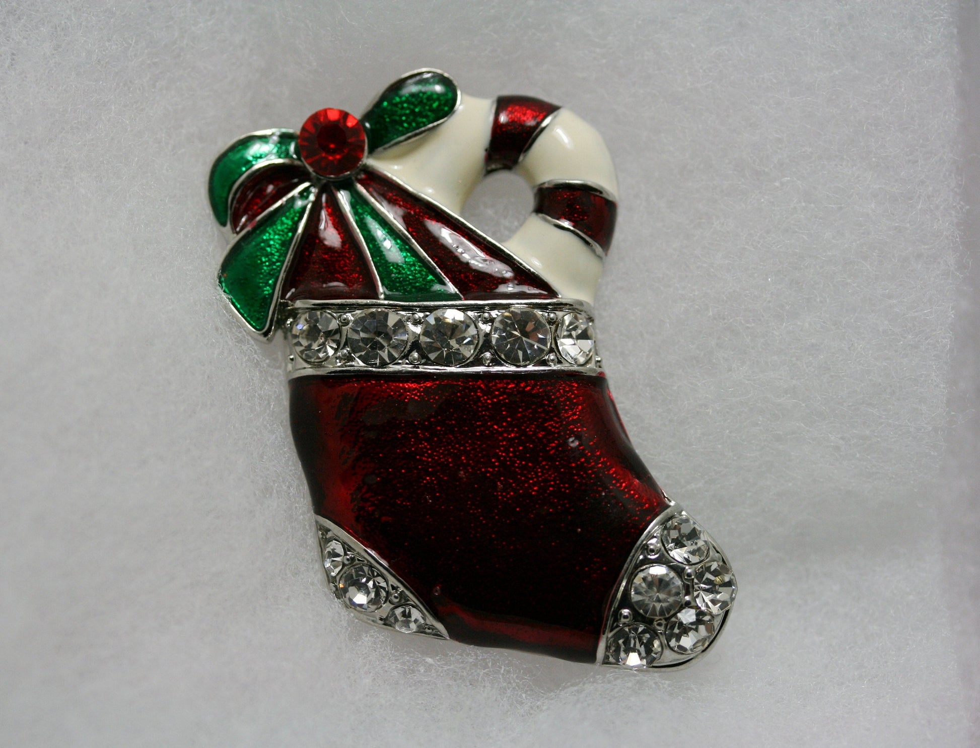 Red Enamel Rhinestone Christmas Stocking Pin Brooch, Xmas Stocking pin, Christmas Jewelry