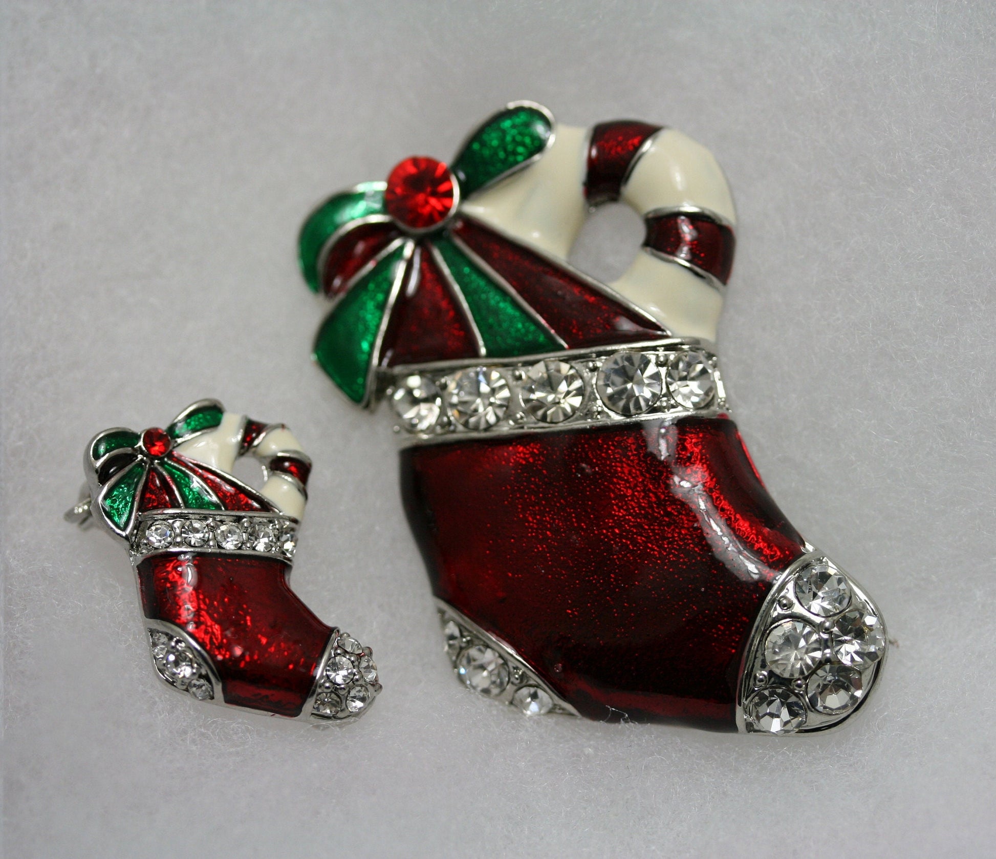 Red Enamel Rhinestone Christmas Stocking Pin Brooch, Xmas Stocking pin, Christmas Jewelry