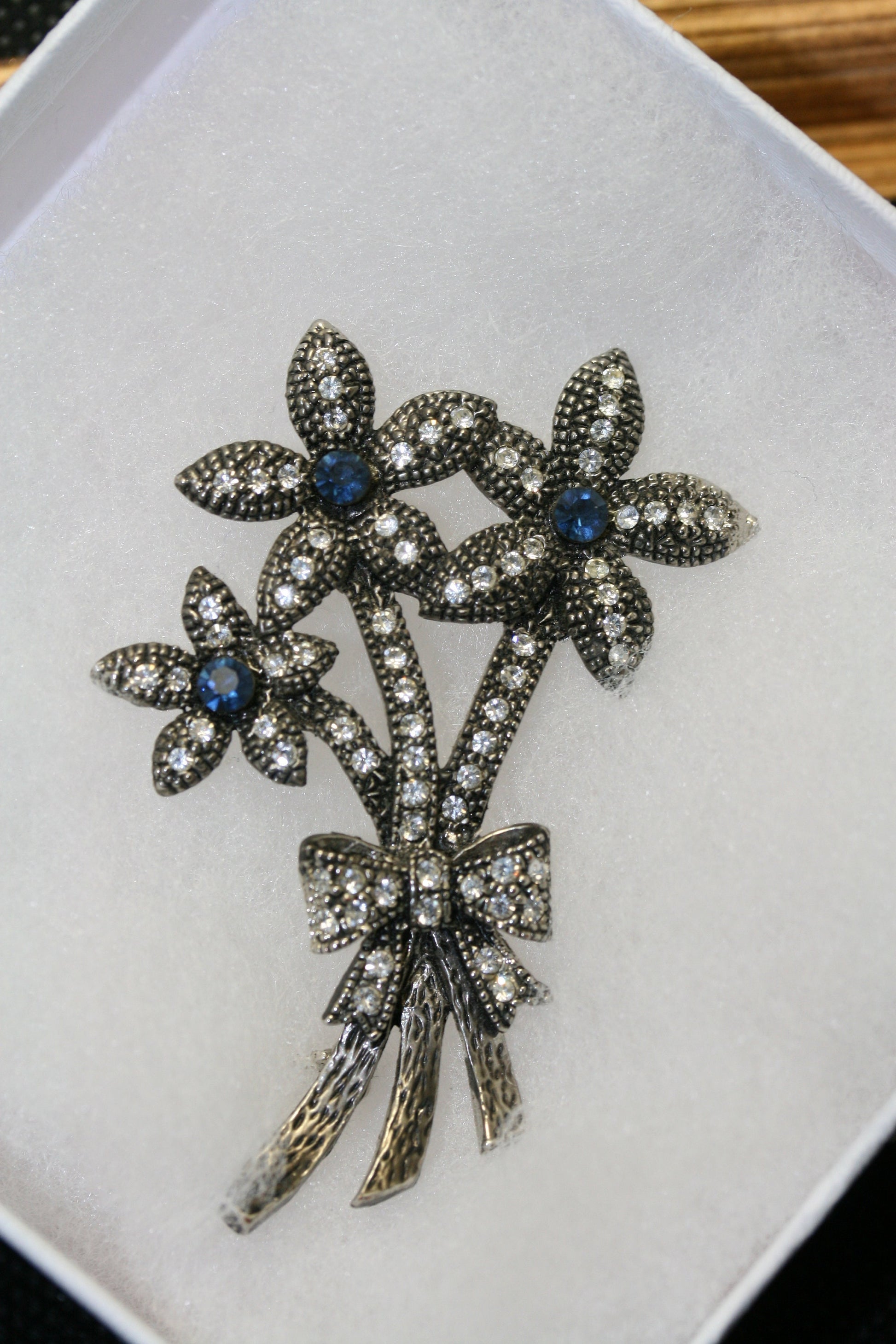 Vintage Blue Rhinestone Flower Bouquet Ribbon Bow Floral Brooch Pin - Wedding, bridal, unique gift, Antique Bunch of flowers Pin