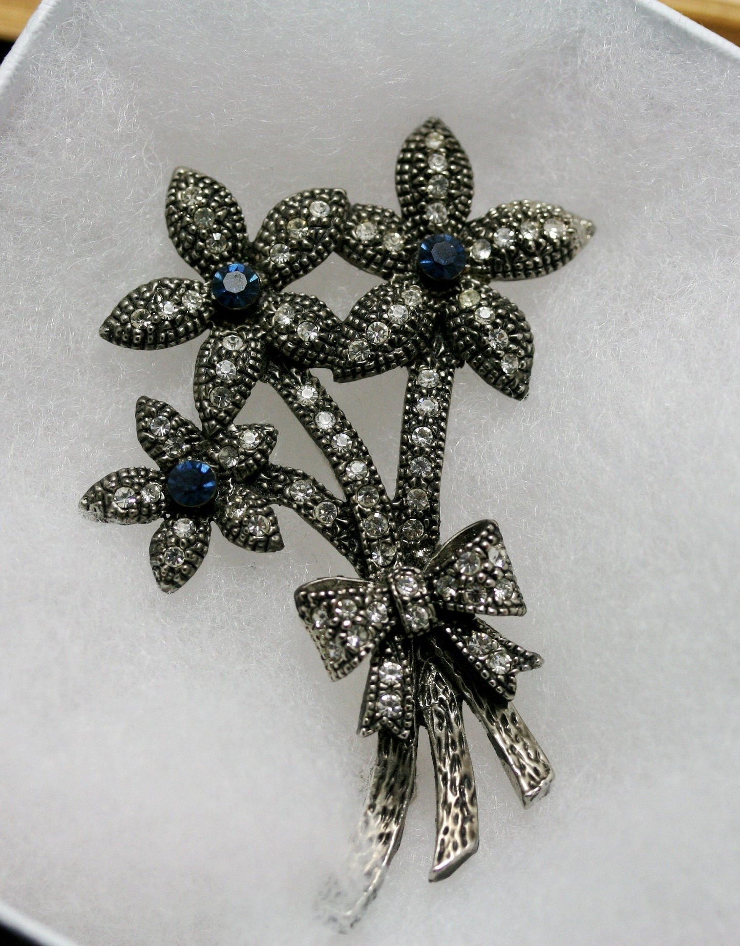 Vintage Blue Rhinestone Flower Bouquet Ribbon Bow Floral Brooch Pin - Wedding, bridal, unique gift, Antique Bunch of flowers Pin