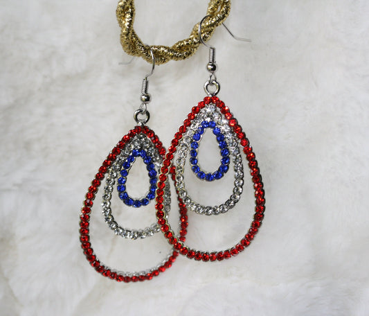 Rhinestone USA Patriotic 4th of July Red White Blue Teardrop Tripe Layer Dangle Earring