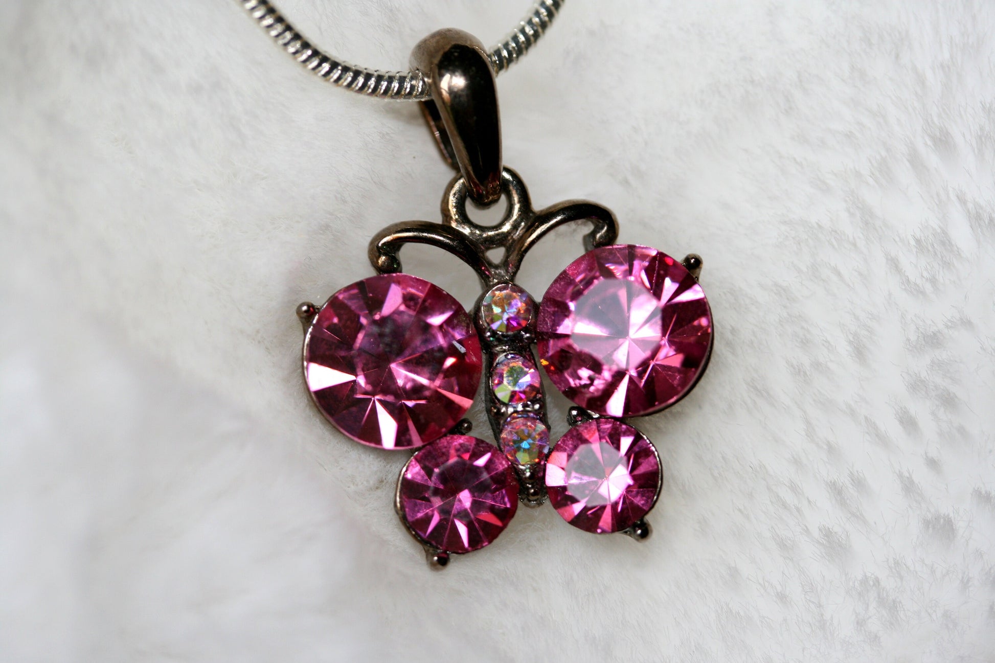 Pink Butterfly Necklace, Butterfly Pink Pendant Made With Swarovski Crystal Charm Necklace 18"+ Chain