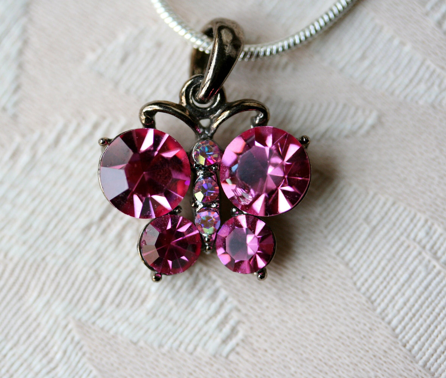 Pink Butterfly Necklace, Butterfly Pink Pendant Made With Swarovski Crystal Charm Necklace 18"+ Chain