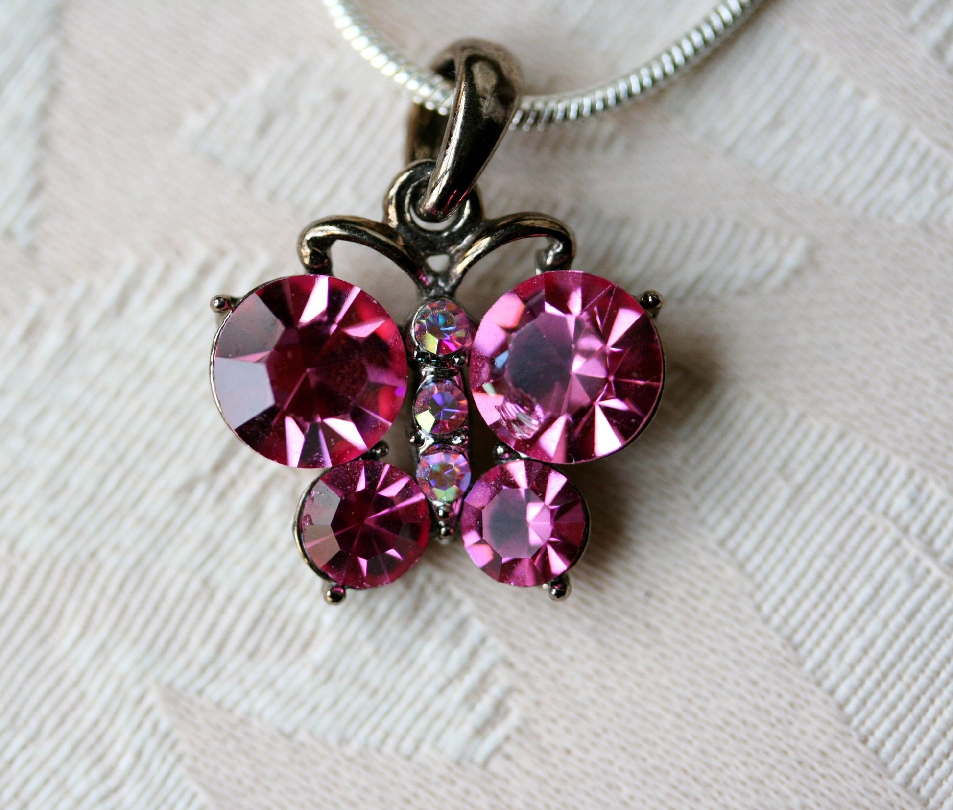 Pink Butterfly Necklace, Butterfly Pink Pendant Made With Swarovski Crystal Charm Necklace 18"+ Chain