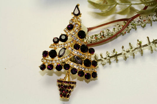 GORGEOUS PURPLE Rhinestone Christmas Tree Pin Brooch, Rich Holiday Xmas Tree Jewelry Gift