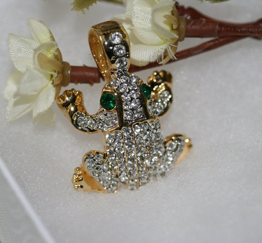 Vintage Clear Rhinestone Frog Pendant On Chain, Crystal Frog Necklace Two Tone, Animal Frog Jewelry