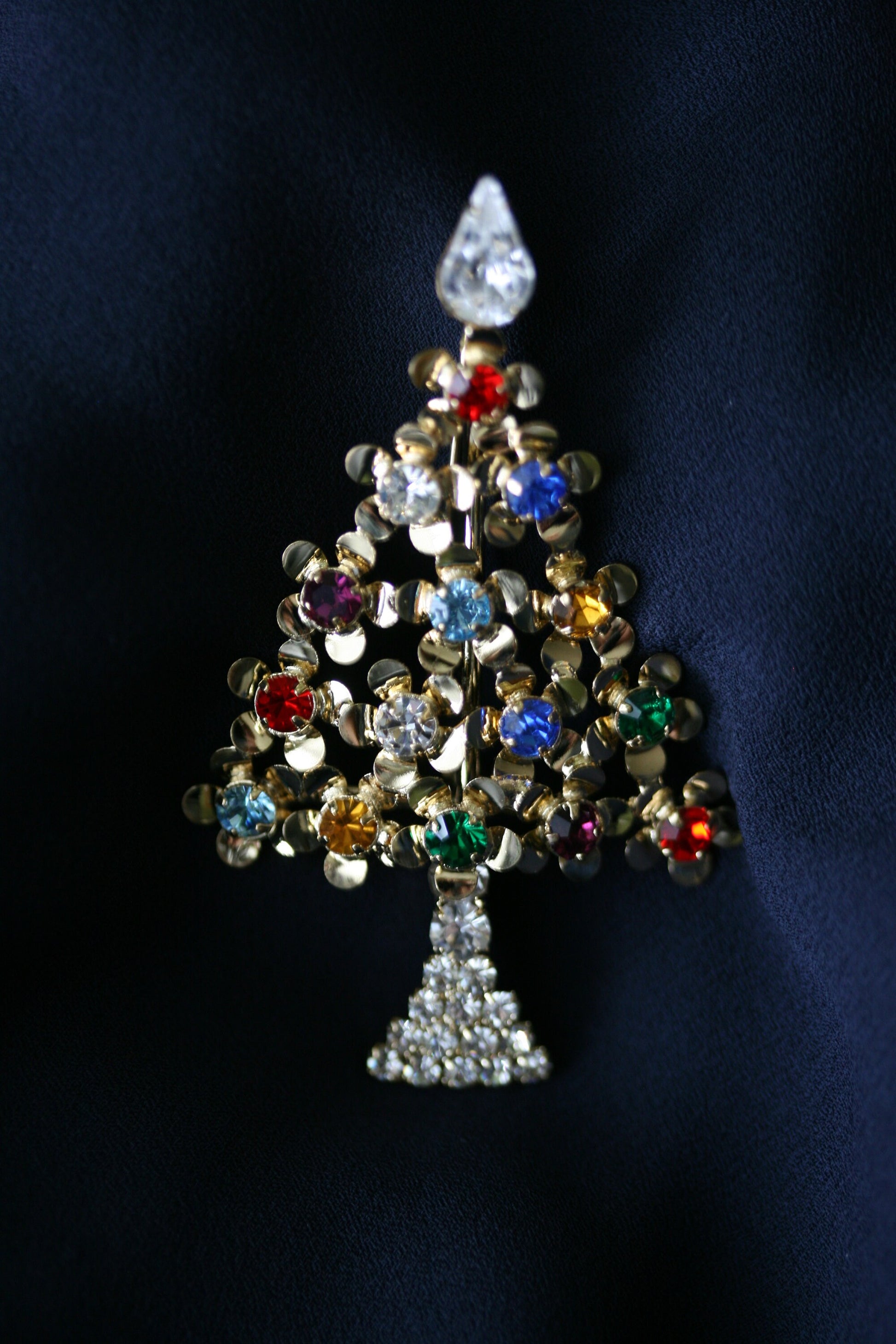 Multi-Gemstone Christmas Tree Pin in Gold-Tone, Rhinestone Xmas Tree Brooch