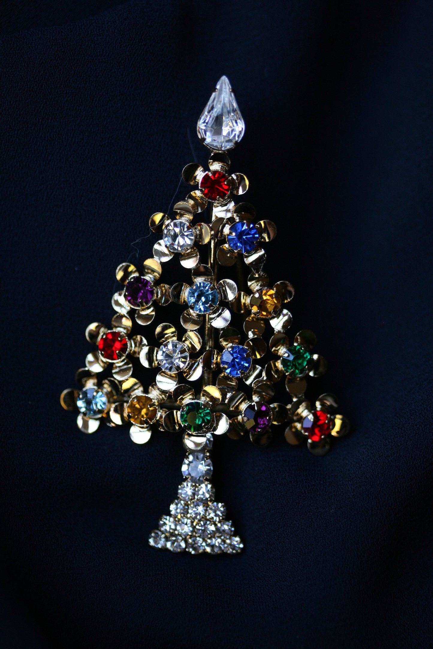 Multi-Gemstone Christmas Tree Pin in Gold-Tone, Rhinestone Xmas Tree Brooch