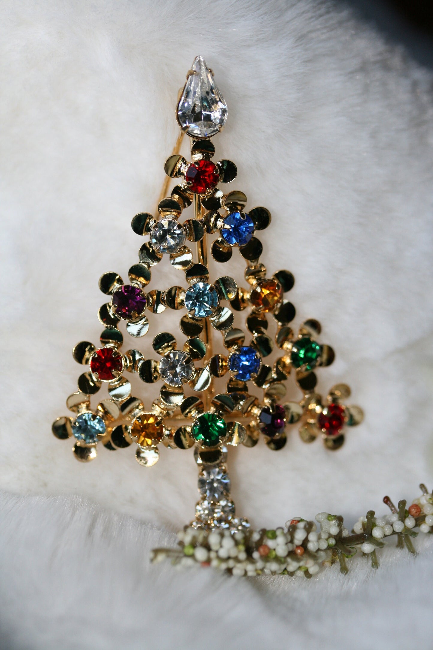 Multi-Gemstone Christmas Tree Pin in Gold-Tone, Rhinestone Xmas Tree Brooch
