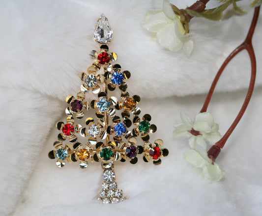 Multi-Gemstone Christmas Tree Pin in Gold-Tone, Rhinestone Xmas Tree Brooch