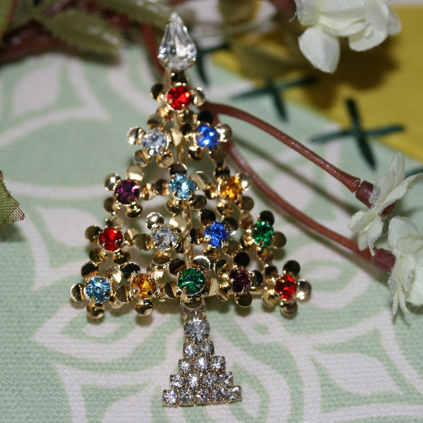 Multi-Gemstone Christmas Tree Pin in Gold-Tone, Rhinestone Xmas Tree Brooch