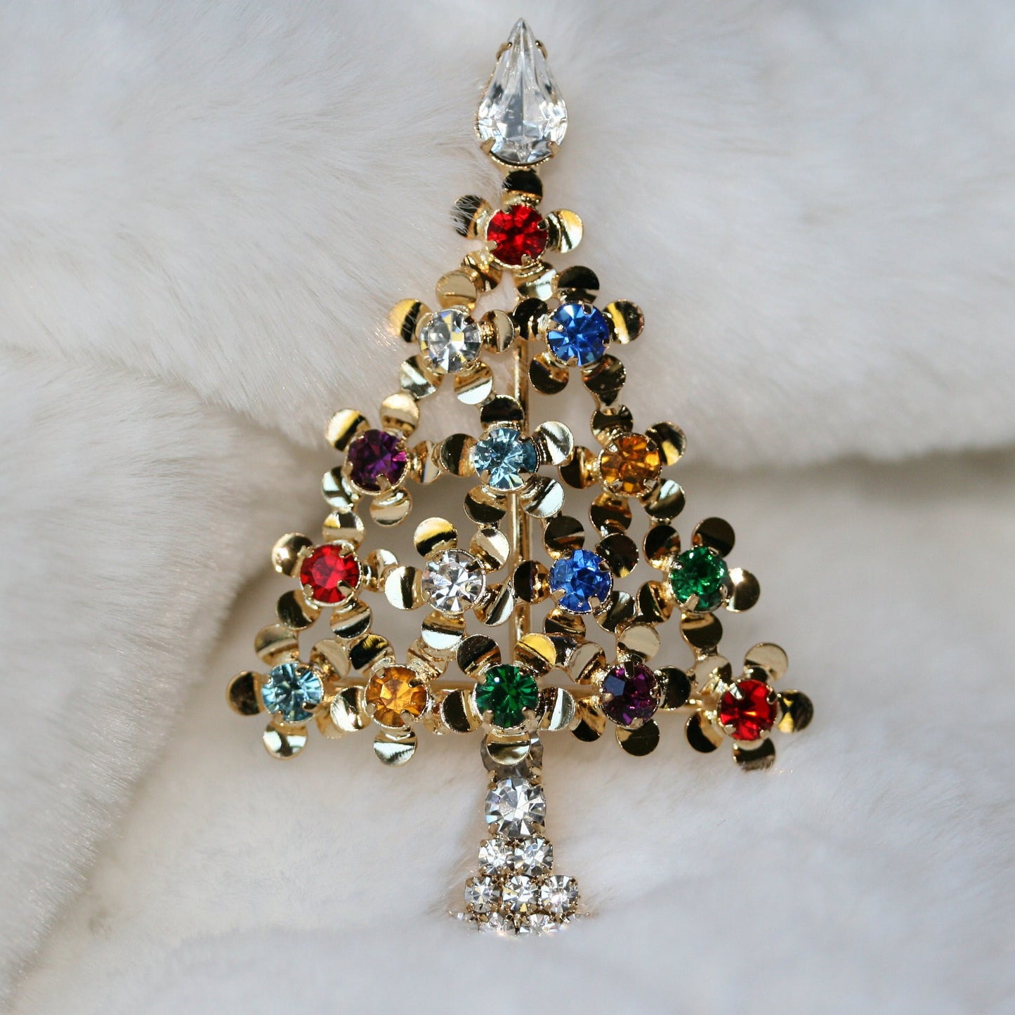 Multi-Gemstone Christmas Tree Pin in Gold-Tone, Rhinestone Xmas Tree Brooch