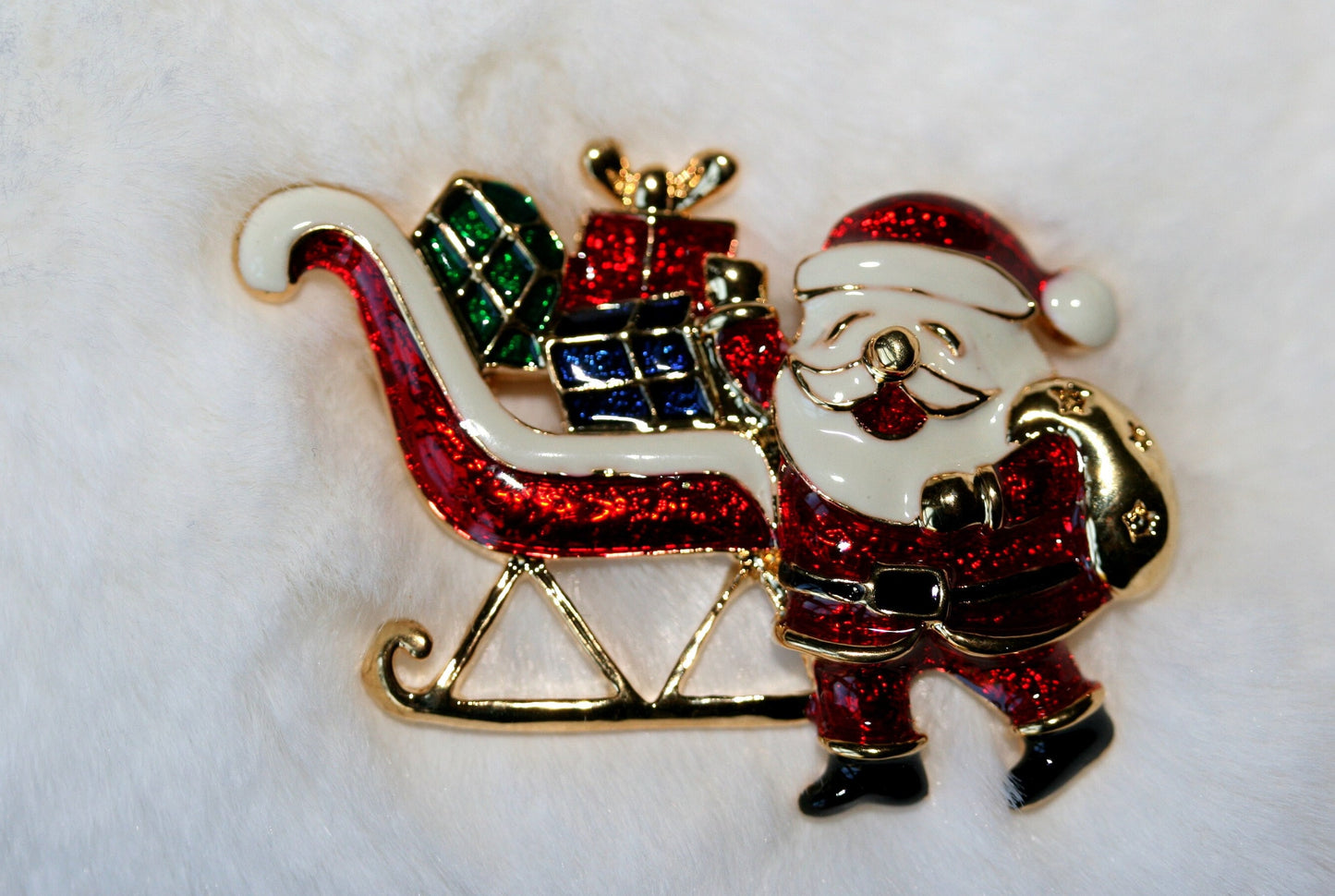 Gold Tone Santa In Sleigh Enamel Brooch, Sleigh Pin, Santal Pin