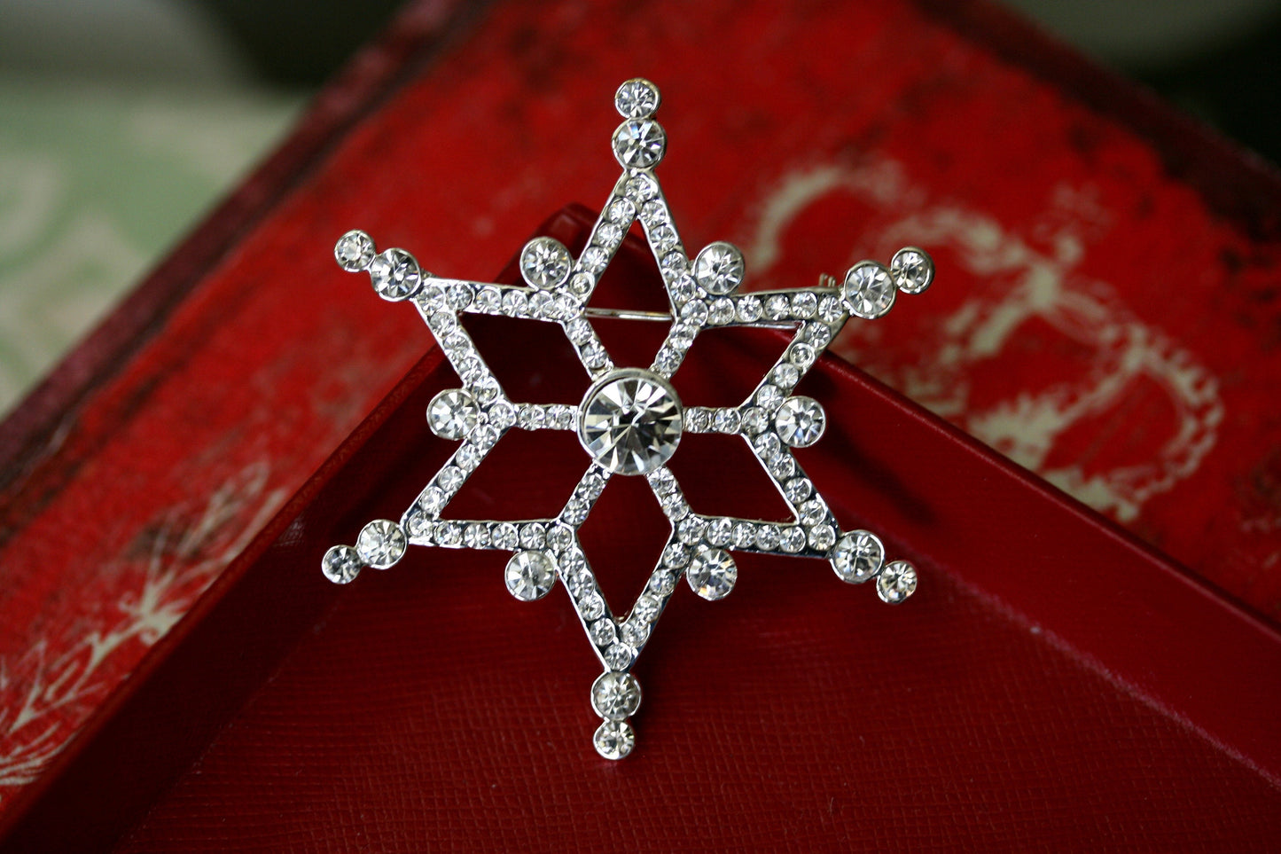 Rhinestone Christmas Silver-Plated Snowflake Star Brooch, Pin Winter Snow Xmas Jewelry, Holiday Jewelry Gift