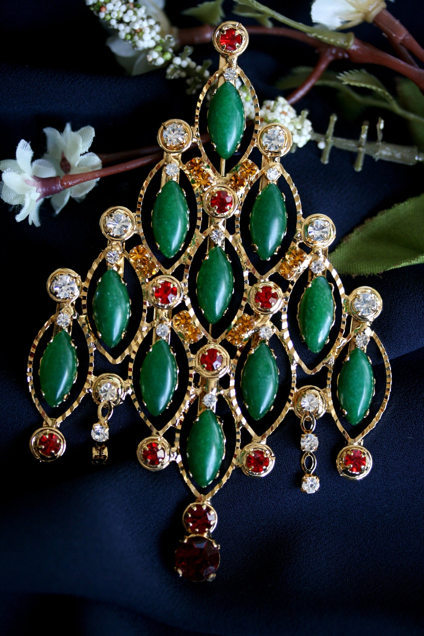 Large Vintage Emerald Green Rhinestone Christmas Tree Brooch/Pin Christmas Jewelry Gift