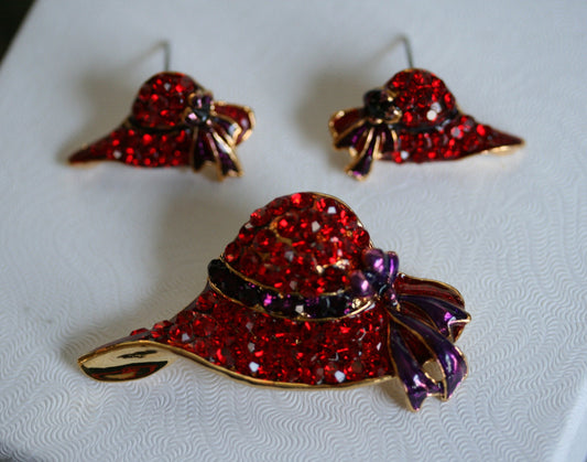 Rhinestone Red Hat Club Lapel Pin, Red Hat Club Post Earrings Fashion Crystal Red hat Brooch and Earrings Set