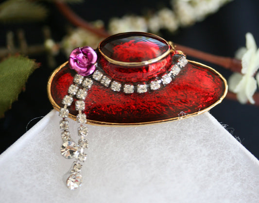 Vintage Red Hat Club Lapel Pin, Red Enamel Red Hat Club Brooch With Clear Rhinestone