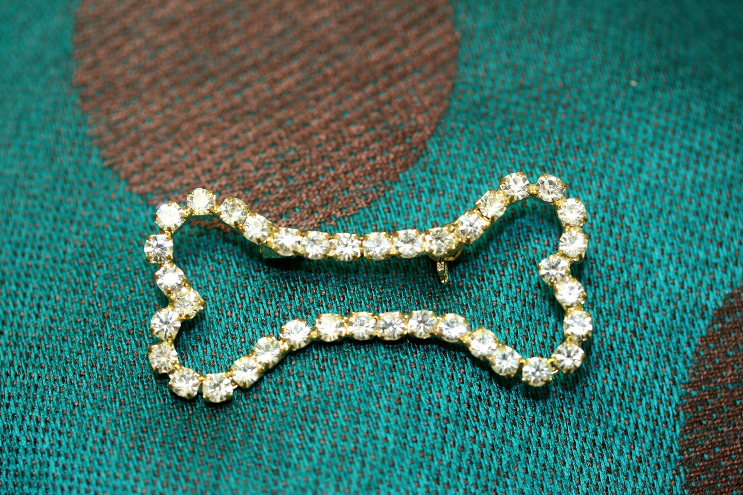 Crystal Clear Dog Bone Outline Rhinestone Pin with Silver Tones Brooch Pin, Gold Tone Dog Bone Costume Jewelry