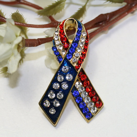 Patriotic Rhinestone American Flag Ribbon Brooch, Red White Blue Ribbon Pin, 4th July Independence Day Jewelry