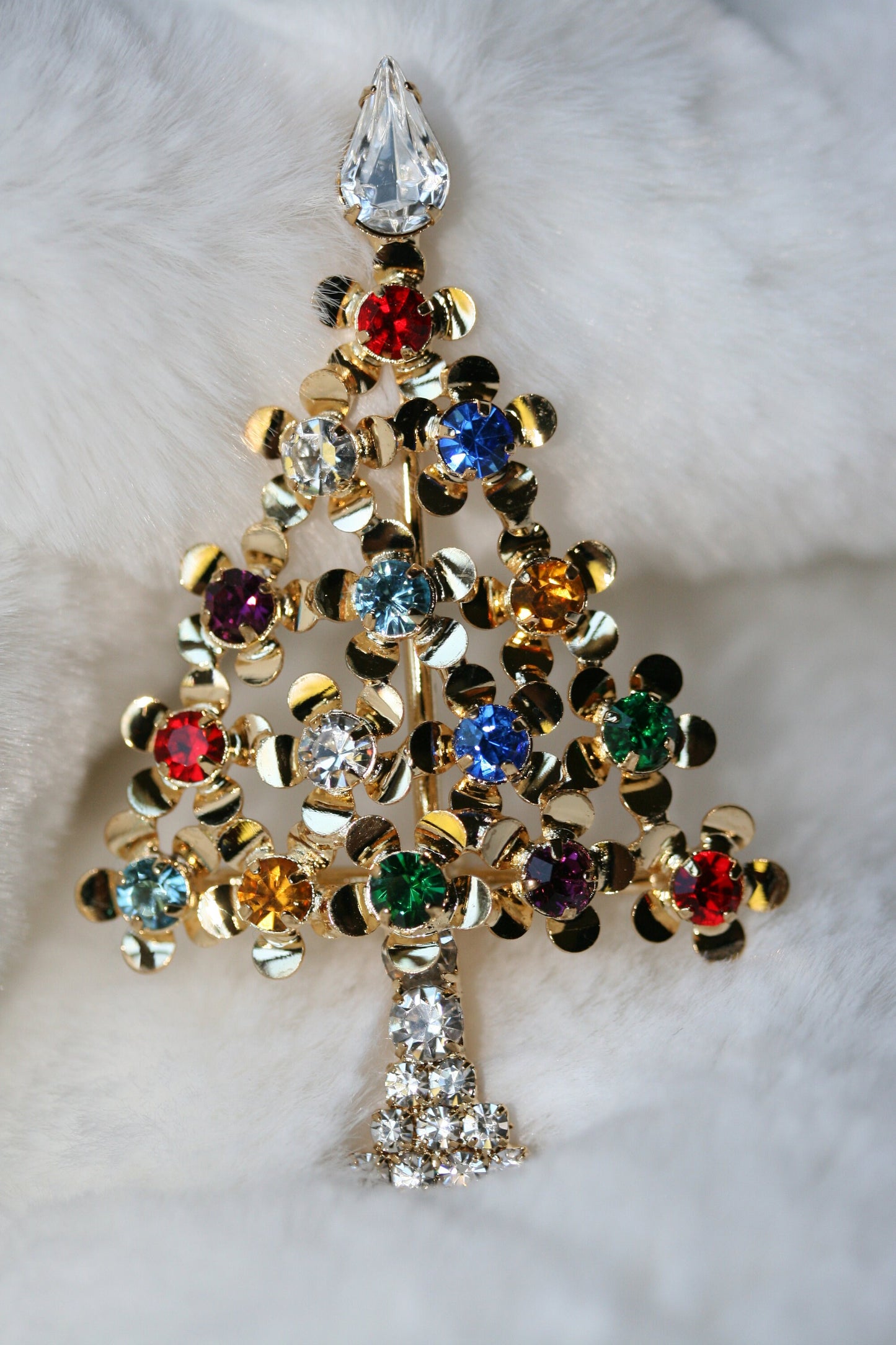 Multi-Gemstone Christmas Tree Pin in Gold-Tone, Rhinestone Xmas Tree Brooch