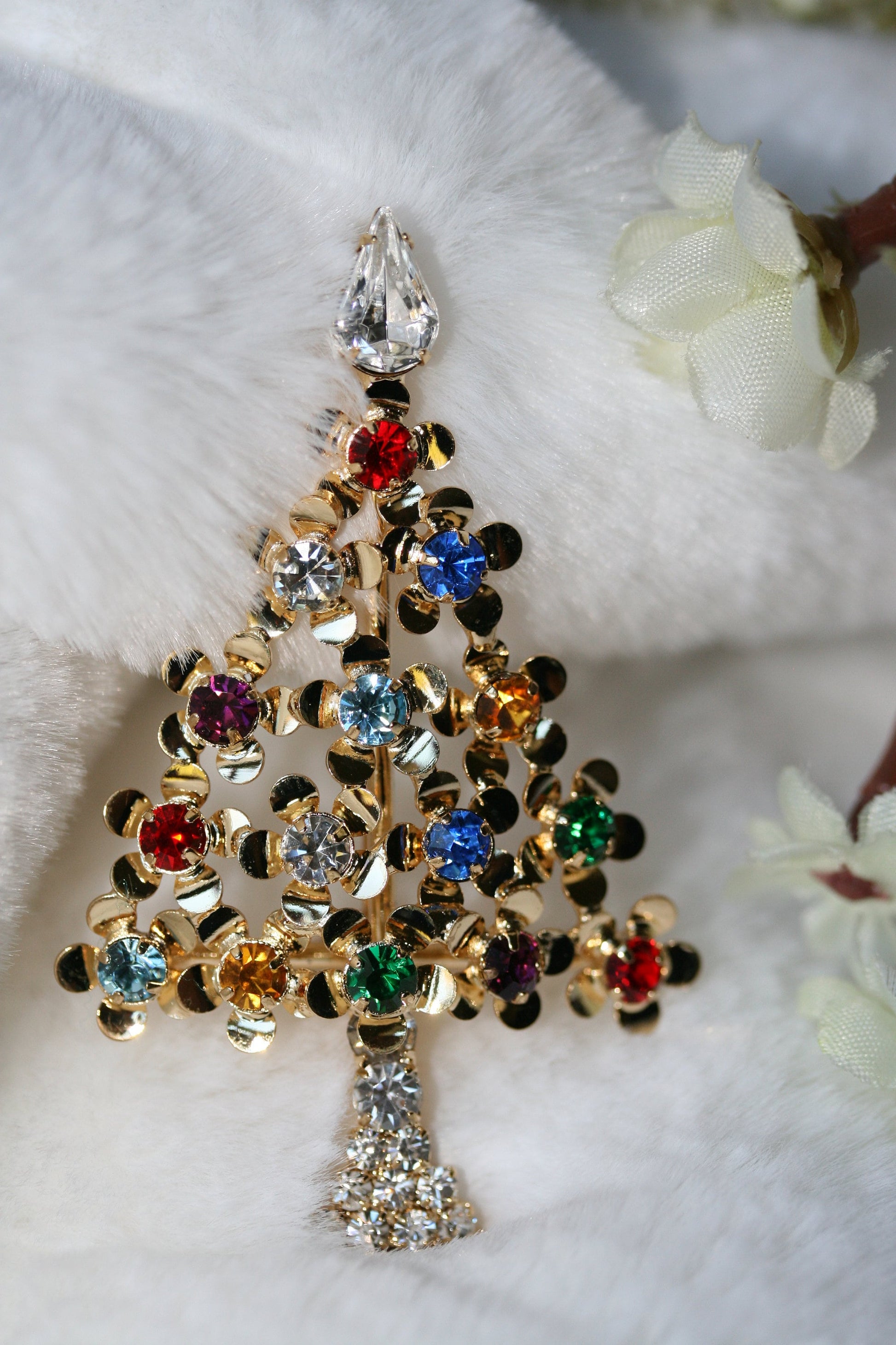 Multi-Gemstone Christmas Tree Pin in Gold-Tone, Rhinestone Xmas Tree Brooch