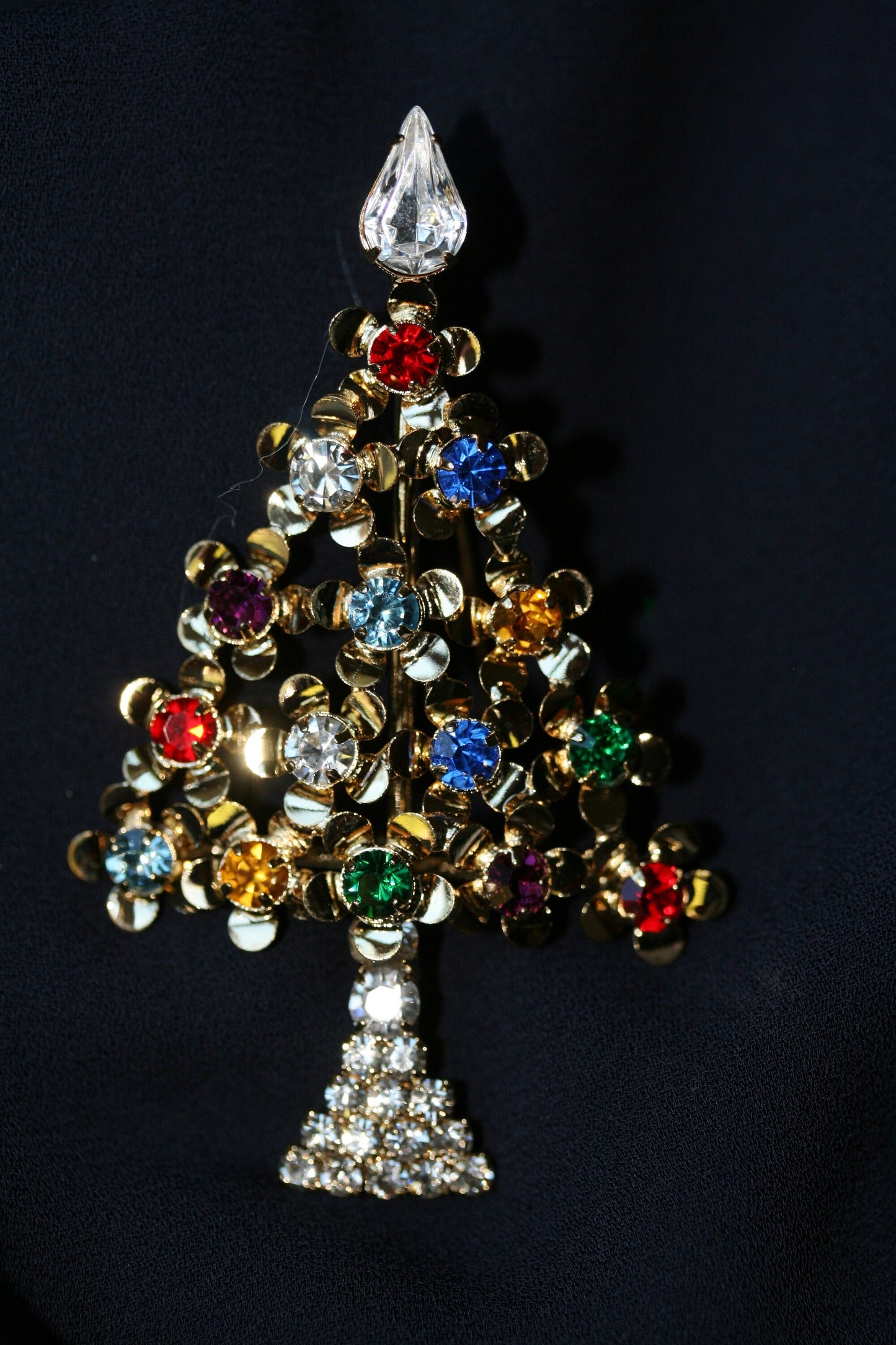 Multi-Gemstone Christmas Tree Pin in Gold-Tone, Rhinestone Xmas Tree Brooch