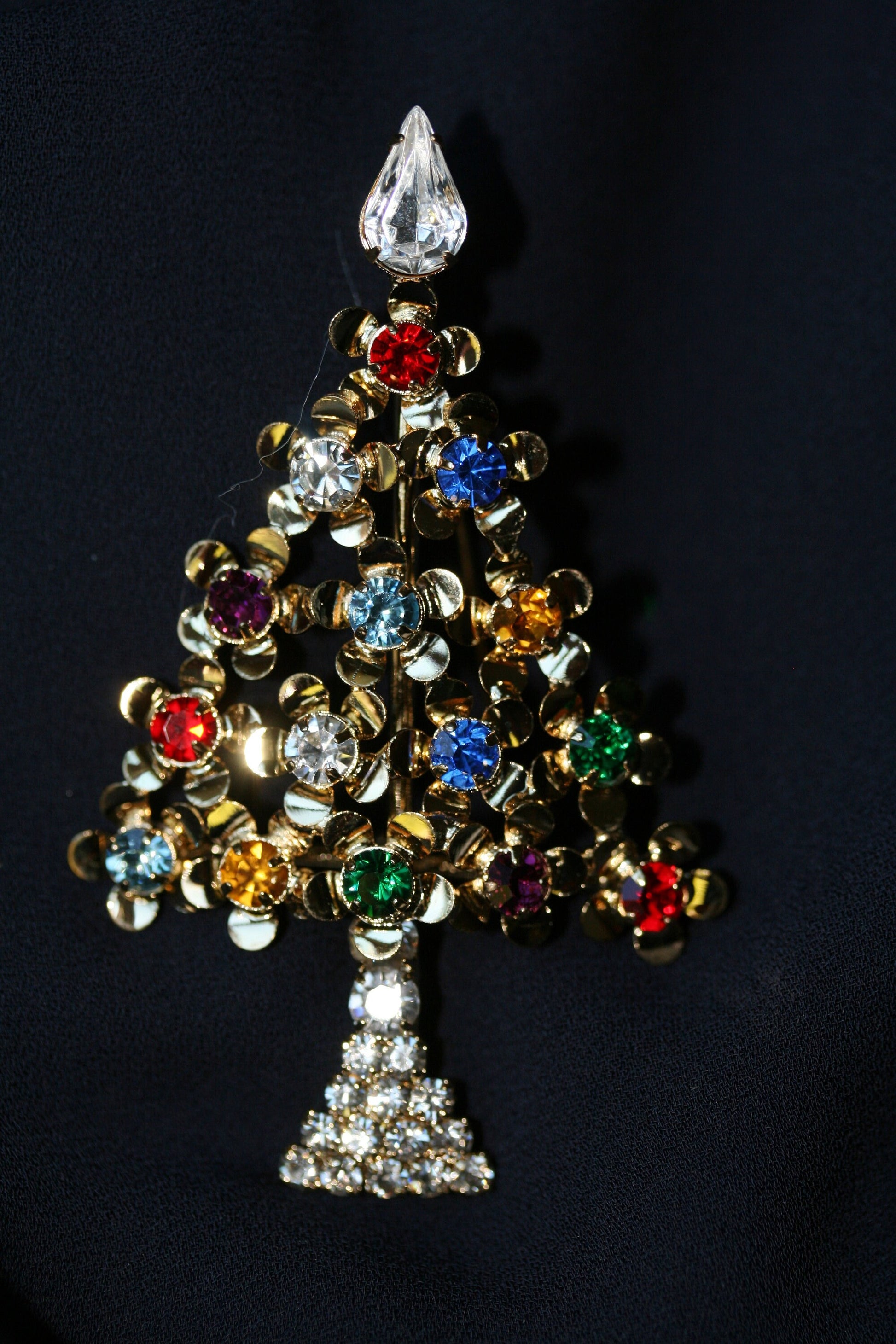 Multi-Gemstone Christmas Tree Pin in Gold-Tone, Rhinestone Xmas Tree Brooch
