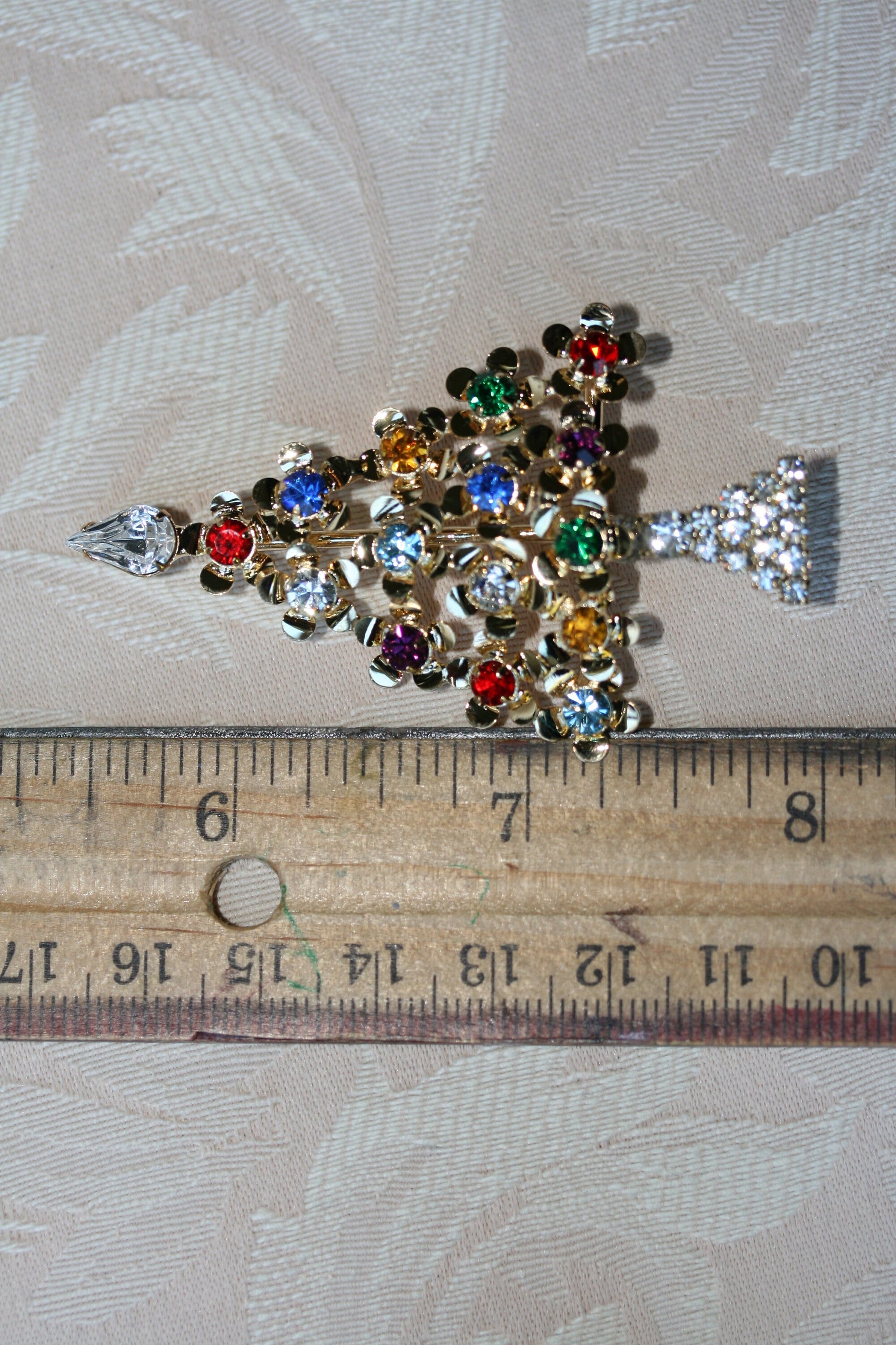 Multi-Gemstone Christmas Tree Pin in Gold-Tone, Rhinestone Xmas Tree Brooch