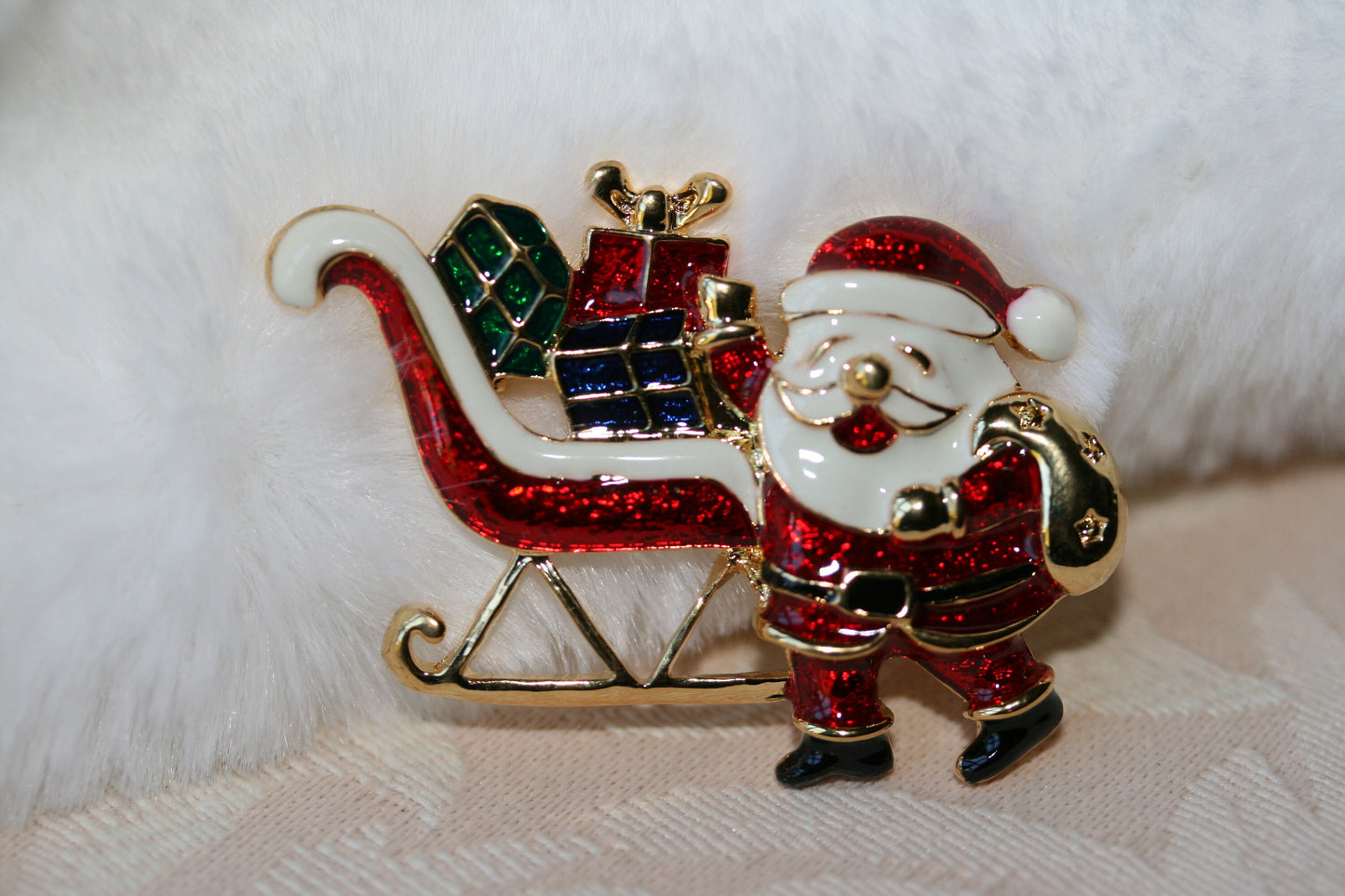 Gold Tone Santa In Sleigh Enamel Brooch, Sleigh Pin, Santal Pin