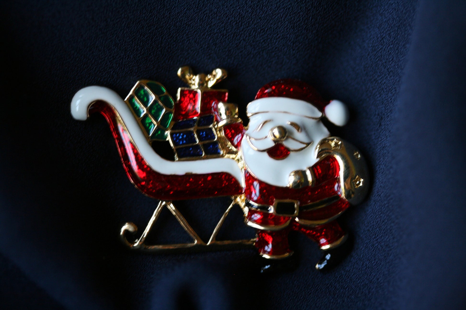 Gold Tone Santa In Sleigh Enamel Brooch, Sleigh Pin, Santal Pin