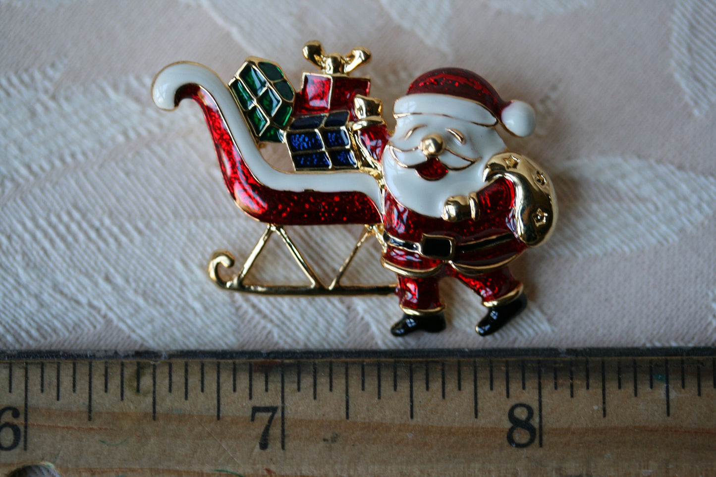 Gold Tone Santa In Sleigh Enamel Brooch, Sleigh Pin, Santal Pin