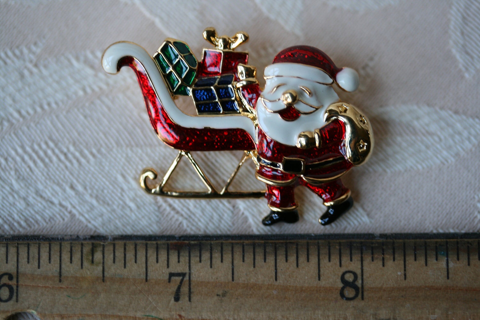 Gold Tone Santa In Sleigh Enamel Brooch, Sleigh Pin, Santal Pin