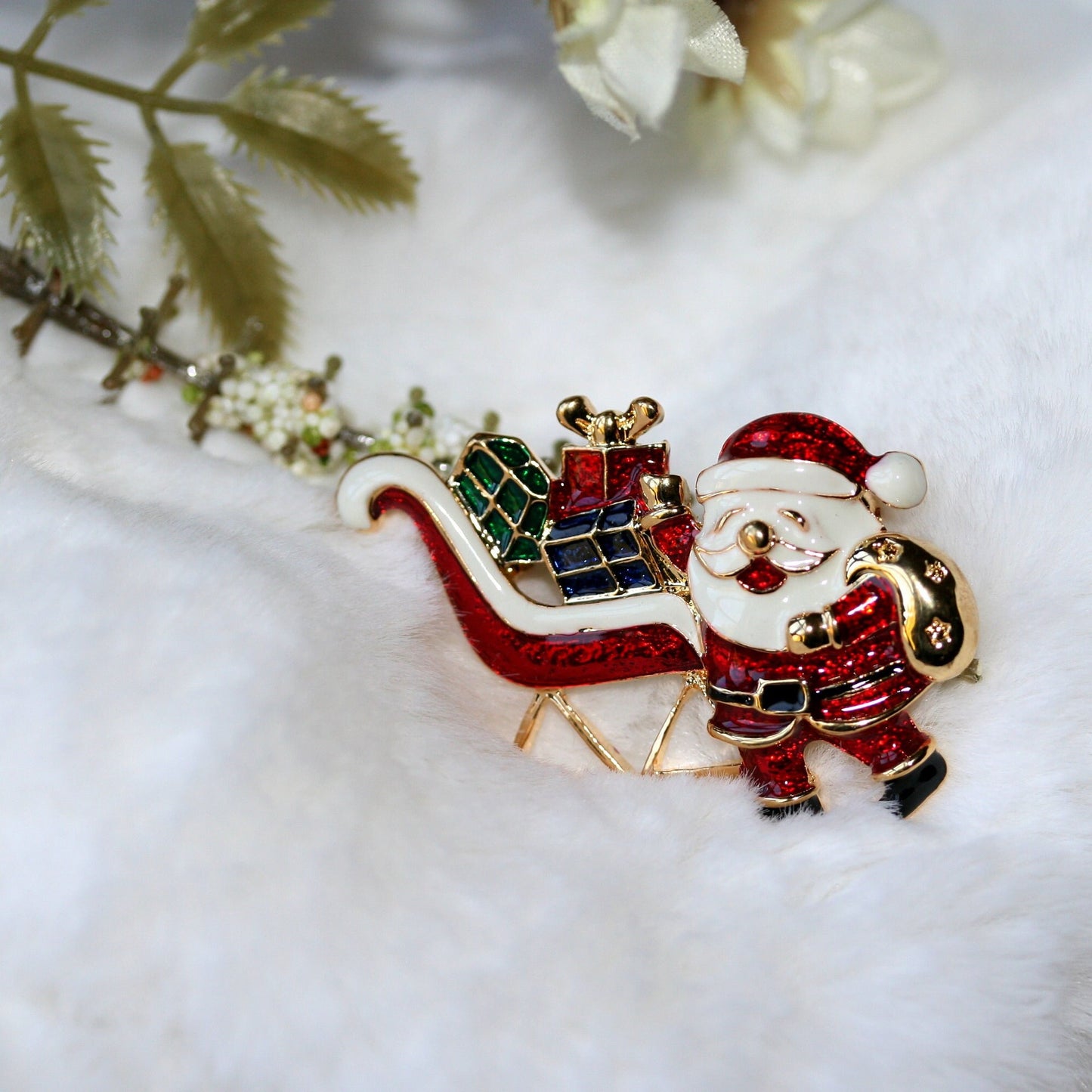 Gold Tone Santa In Sleigh Enamel Brooch, Sleigh Pin, Santal Pin