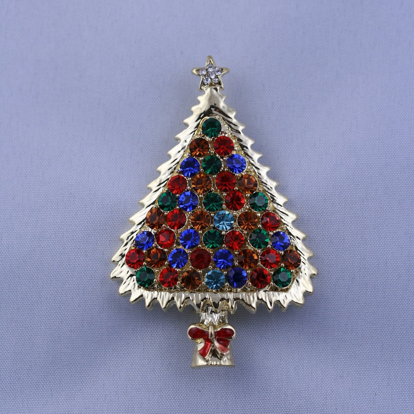 Rhinestone Christmas Tree Brooch, Vintage Gold-Tone Diamond Xmas Tree Brooch Pin, Holiday Jewelry