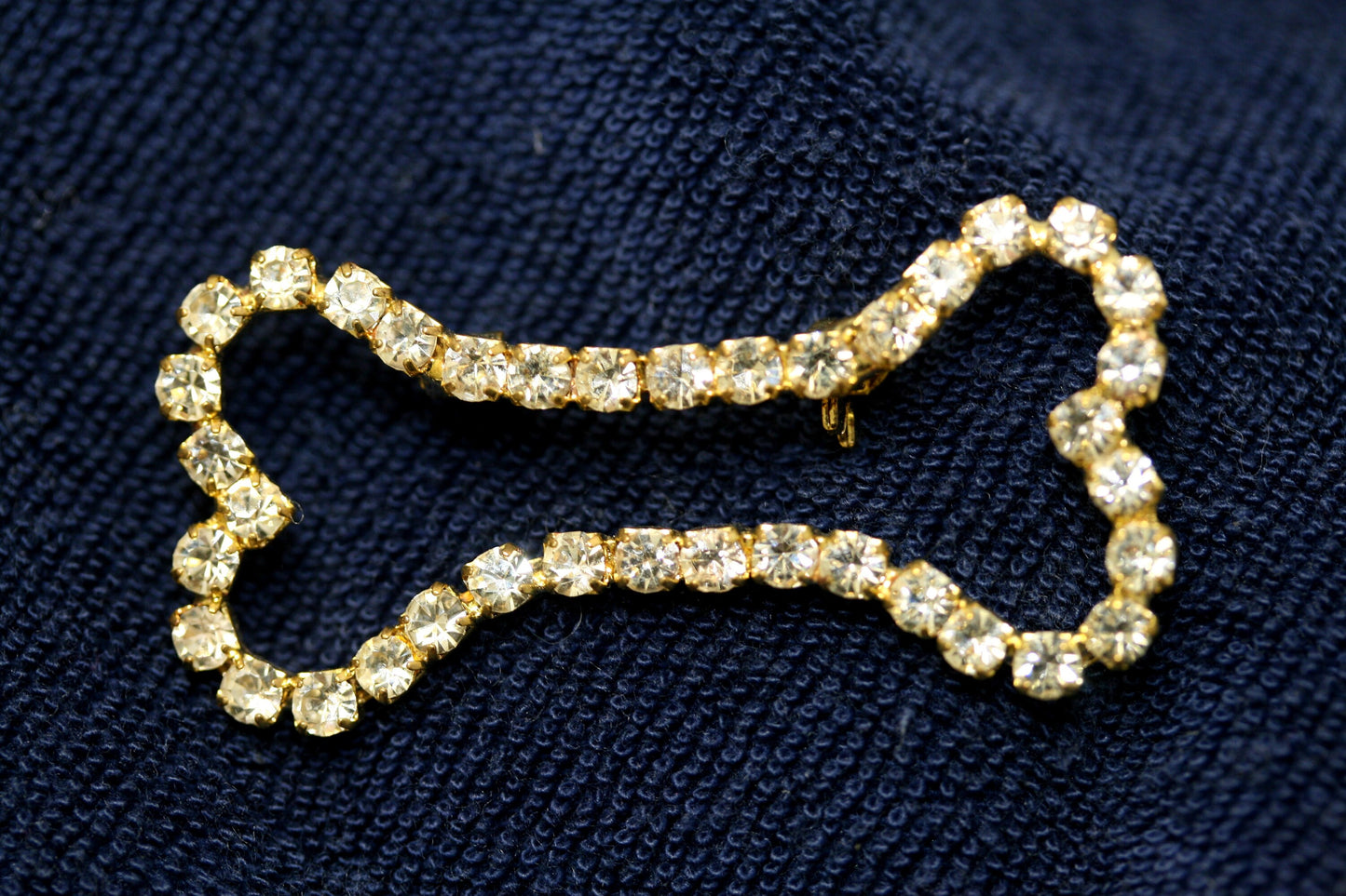 Crystal Clear Dog Bone Outline Rhinestone Pin with Silver Tones Brooch Pin, Gold Tone Dog Bone Costume Jewelry