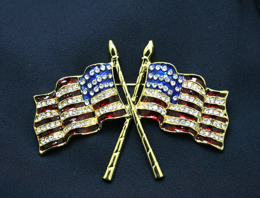 Vintage Double AMERICAN FLAG Rhinestone Brooch Pin USA Patriotic