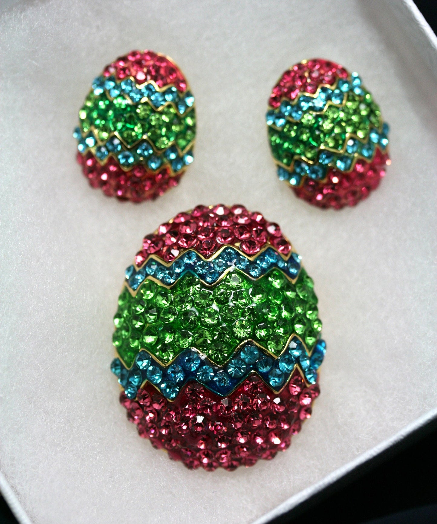 Rhinestone Multi-Colors Easter Egg Brooch Pin and Post Earrings Set, Easter Holiday Costume Jewelry
