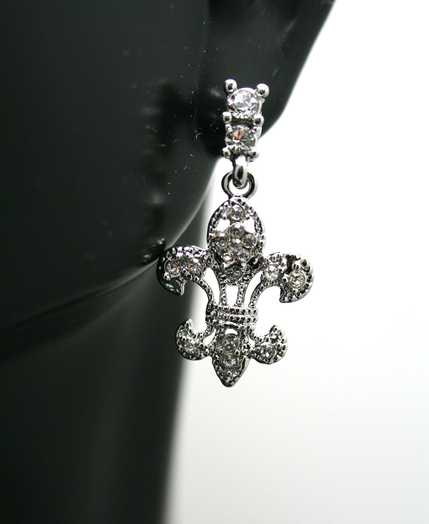 Clear Crystal Fleur De Lis Dangle Earrings, New Orleans Rhinestone Post Fleur De Lis Earrings