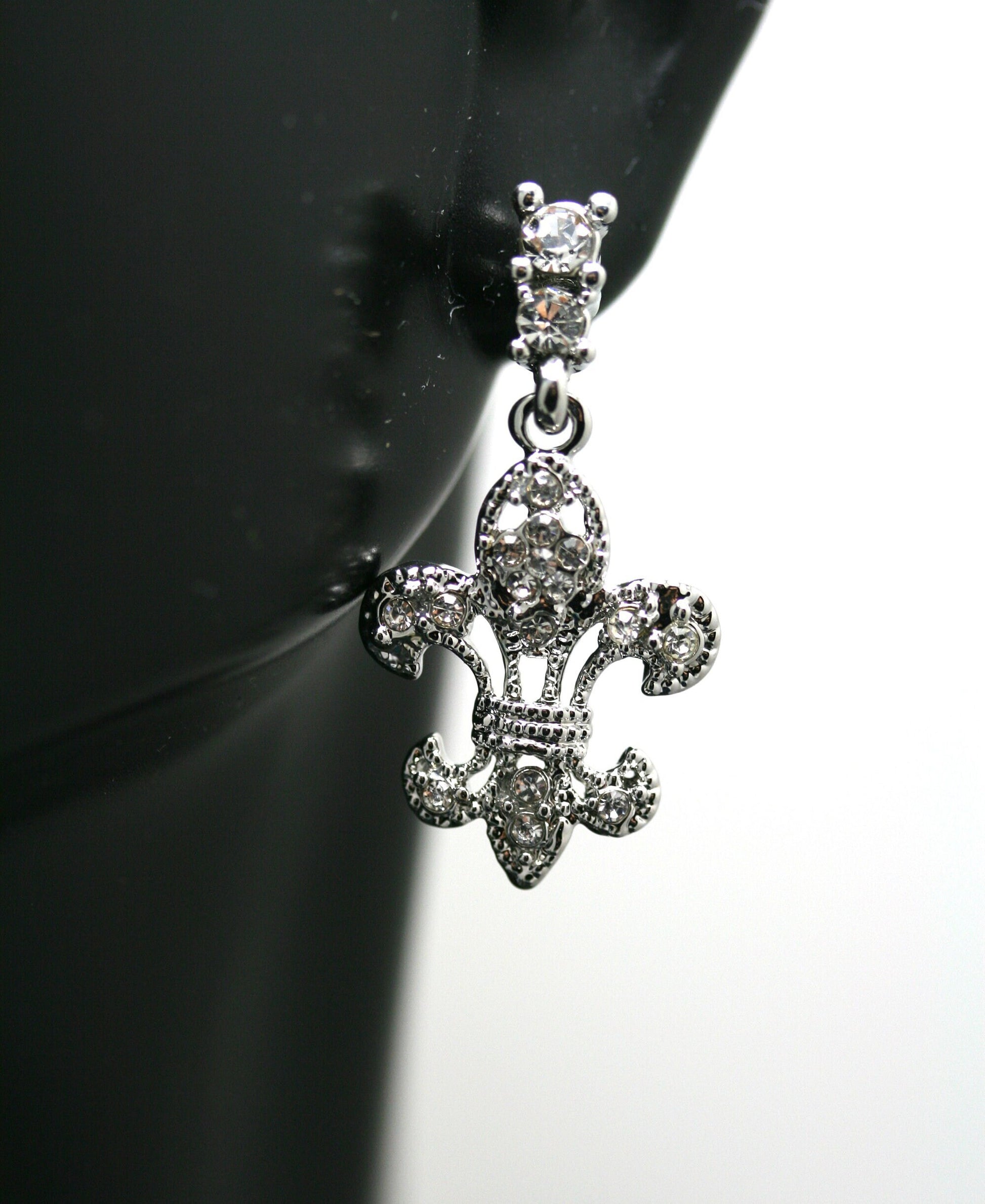 Clear Crystal Fleur De Lis Dangle Earrings, New Orleans Rhinestone Post Fleur De Lis Earrings