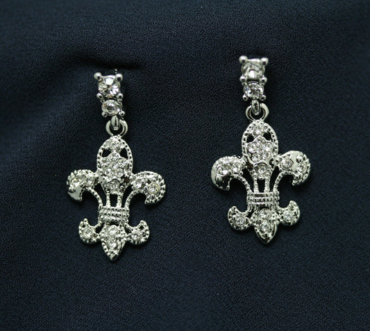Clear Crystal Fleur De Lis Dangle Earrings, New Orleans Rhinestone Post Fleur De Lis Earrings