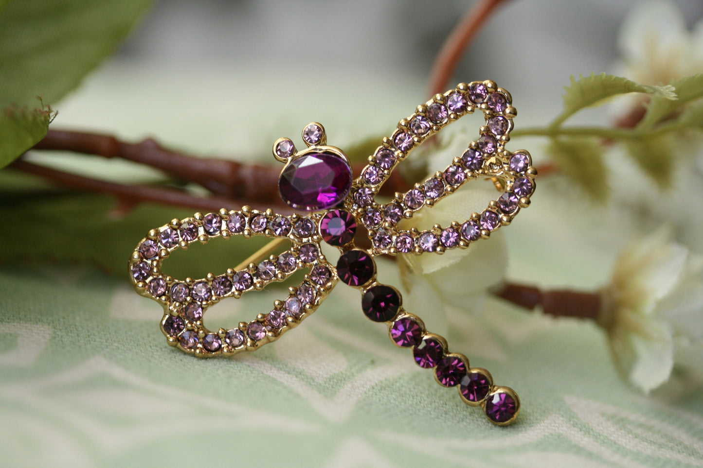 Vintage Dragonfly Brooch Handcrafted Rhinestone Spring Brooch Pin - Purple Crystal Dragonfly Brooch