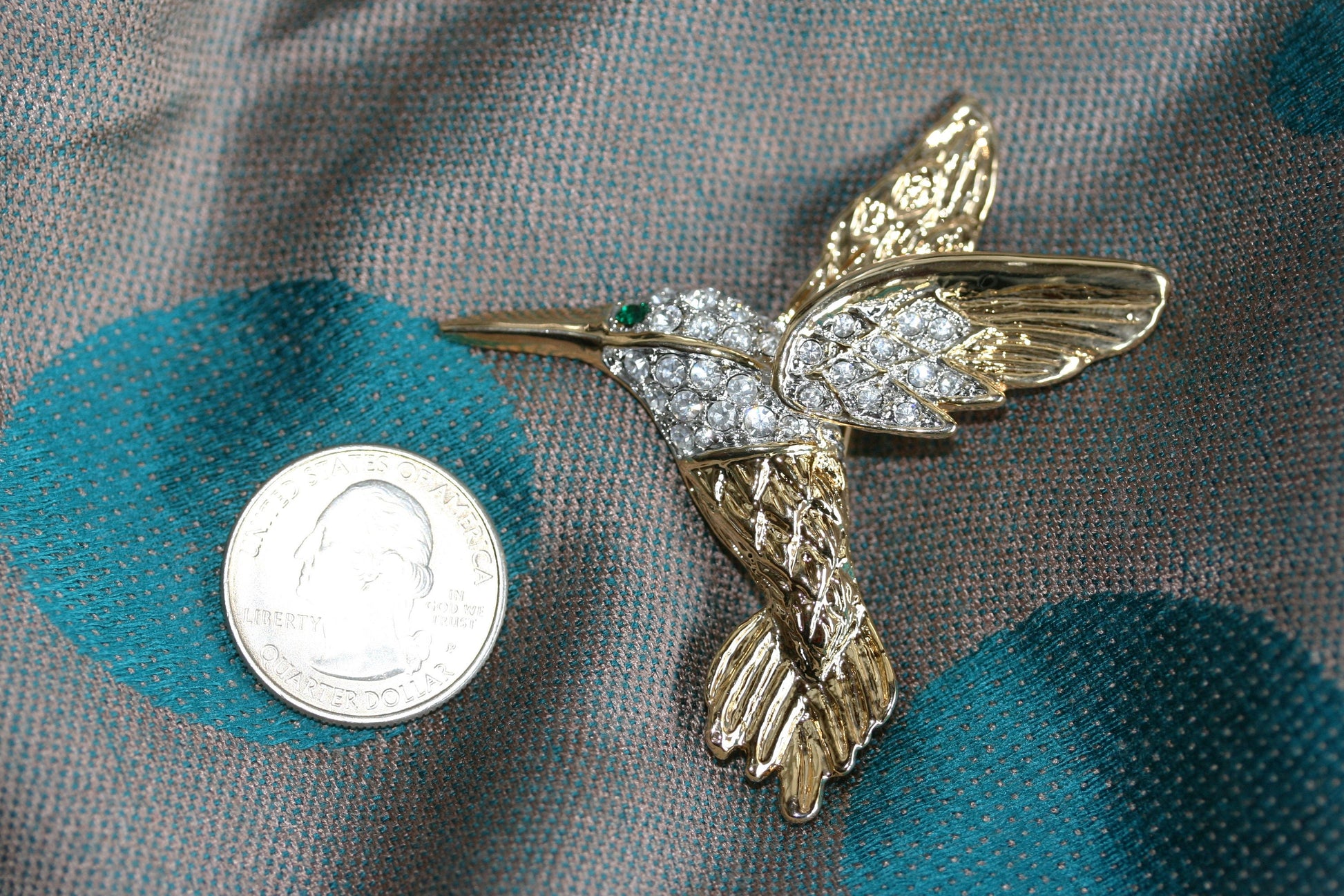 Vintage Two-Tone Clear Rhinestone Green Eye Hummingbird Brooch Pin