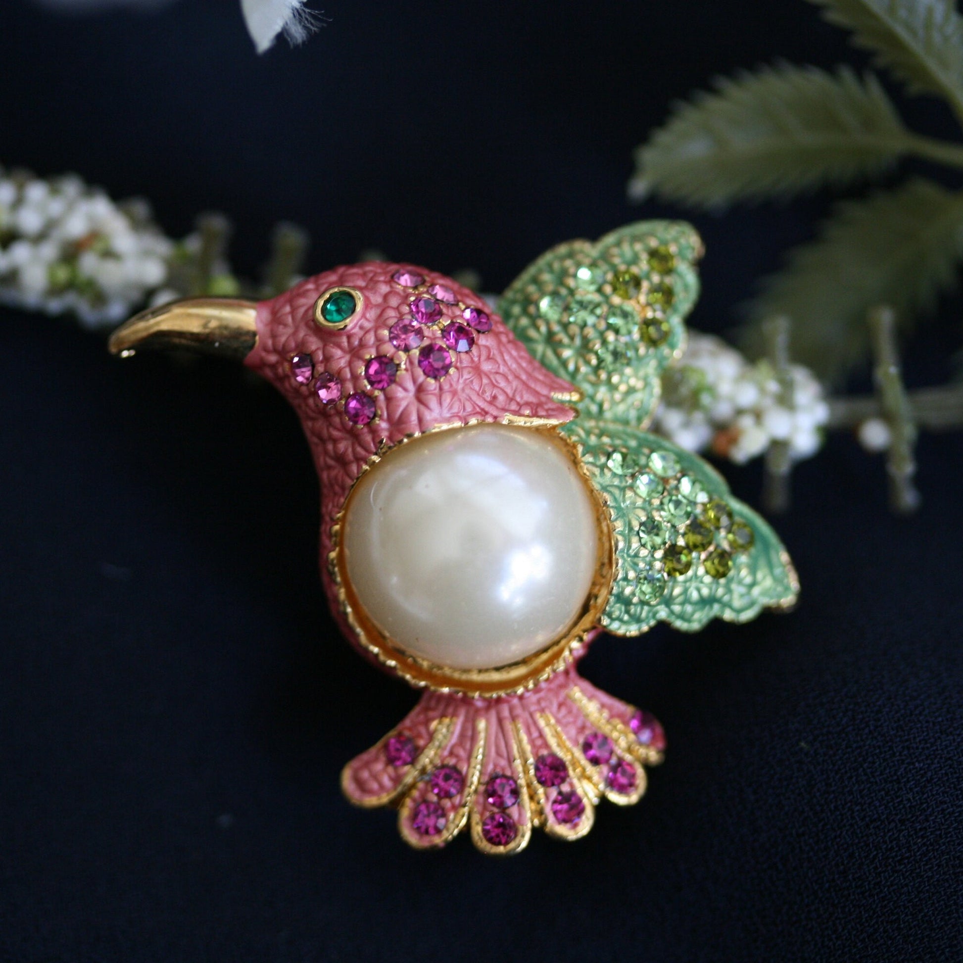 Hummingbird Crystal Pin Brooch Vintage Gold Tone Hummingbird Brooch for Bird Lover