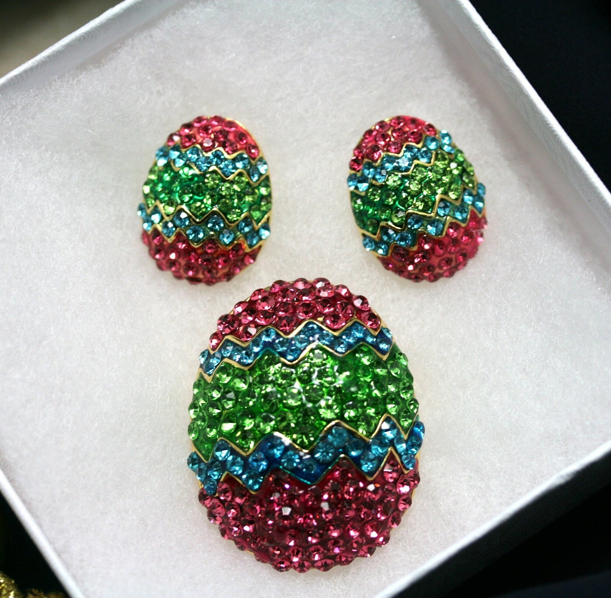 Rhinestone Multi-Colors Easter Egg Brooch Pin and Post Earrings Set, Easter Holiday Costume Jewelry