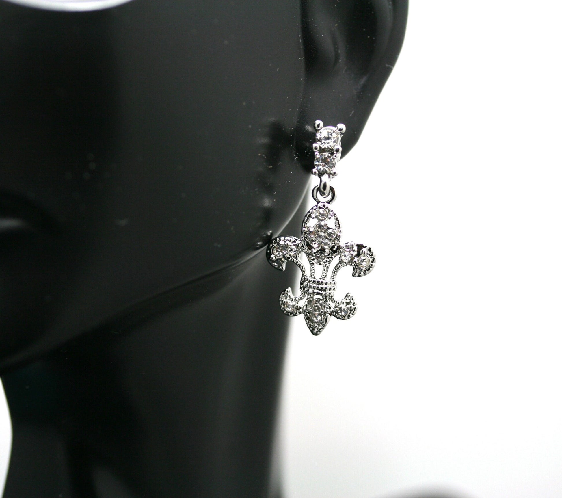 Clear Crystal Fleur De Lis Dangle Earrings, New Orleans Rhinestone Post Fleur De Lis Earrings