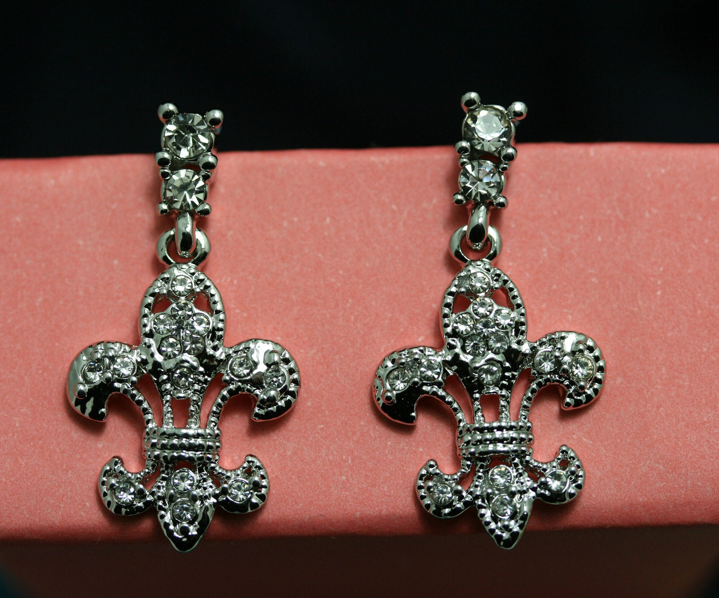 Clear Crystal Fleur De Lis Dangle Earrings, New Orleans Rhinestone Post Fleur De Lis Earrings