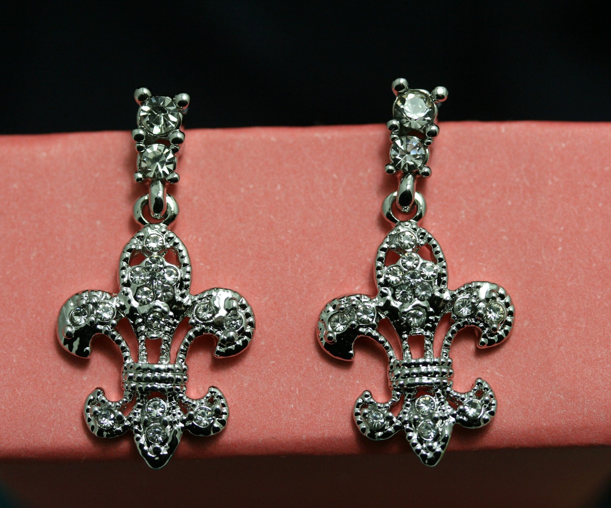 Clear Crystal Fleur De Lis Dangle Earrings, New Orleans Rhinestone Post Fleur De Lis Earrings